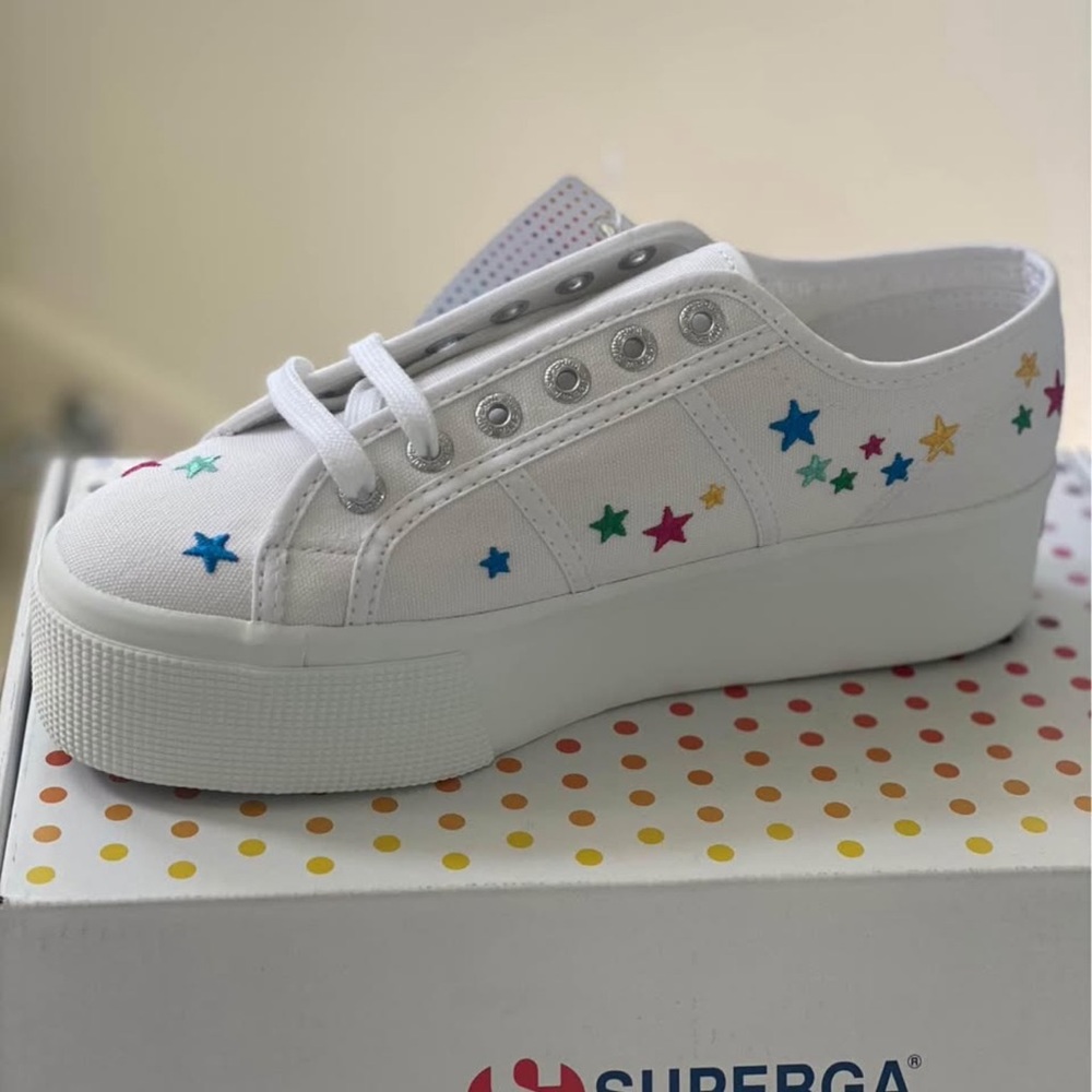 Superga White Platform Sneakers with Colorful Stars